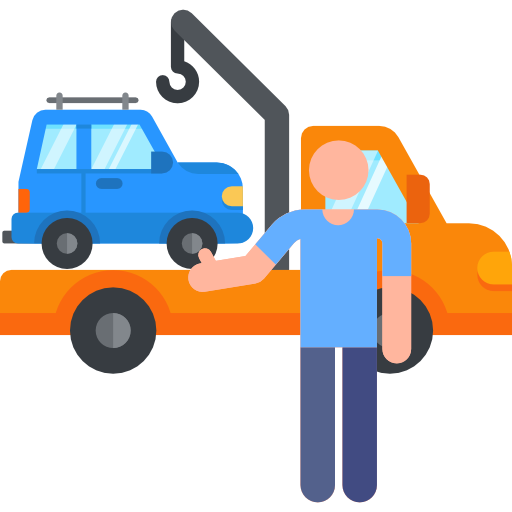 Illustration of a roadside assistance worker standing beside a tow truck loading a car, representing rescue and vehicle recovery services.