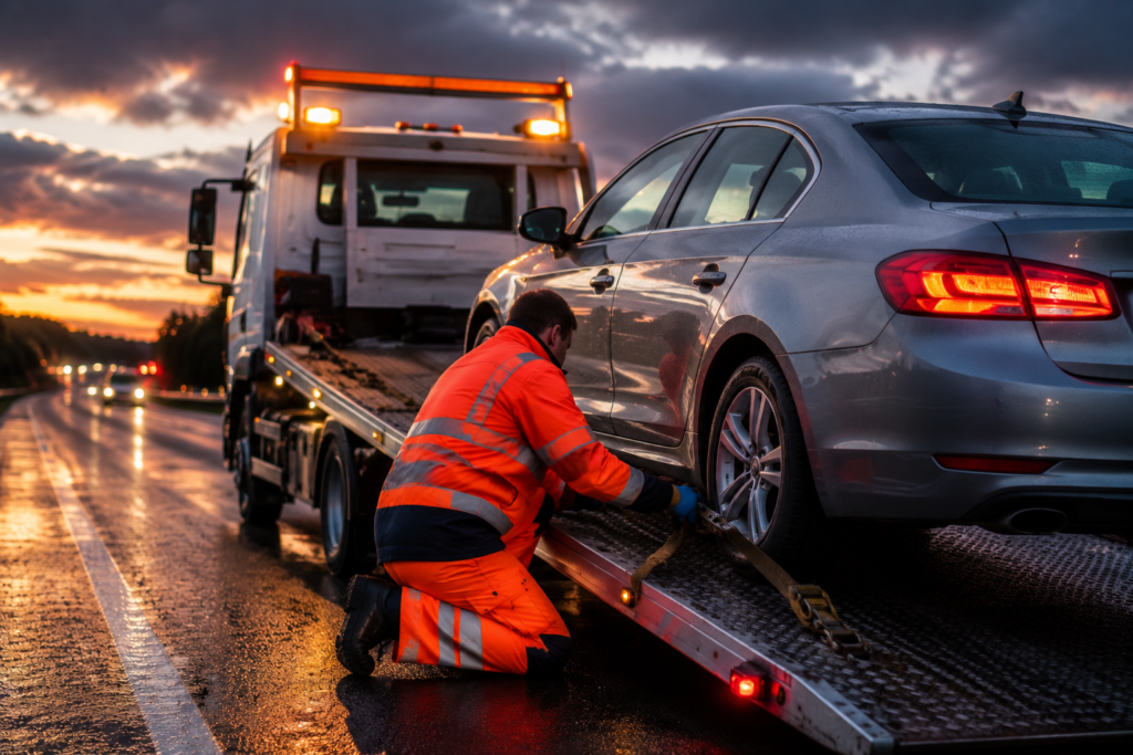 Roadside tow at dusk with emergency lights