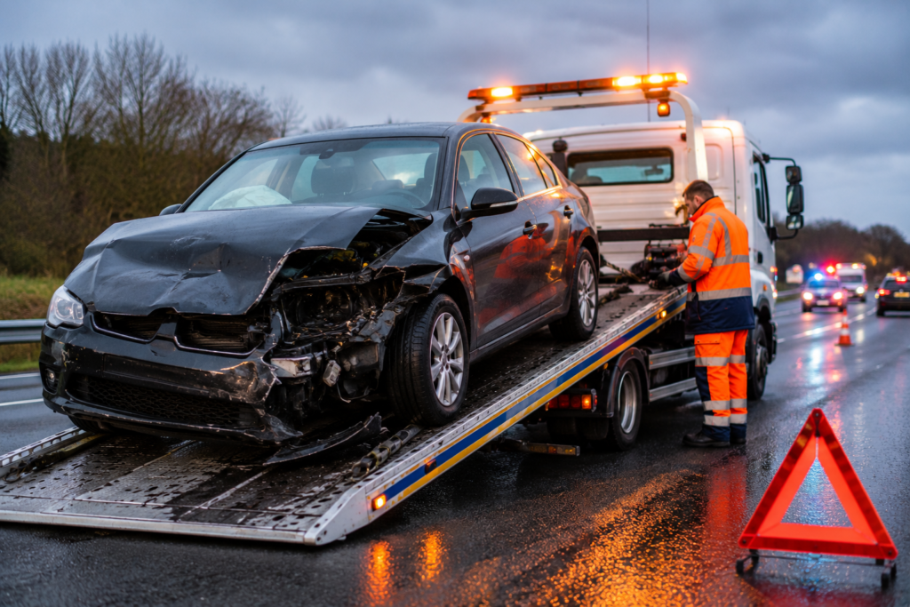 Tow truck recovering damaged sedan at dusk