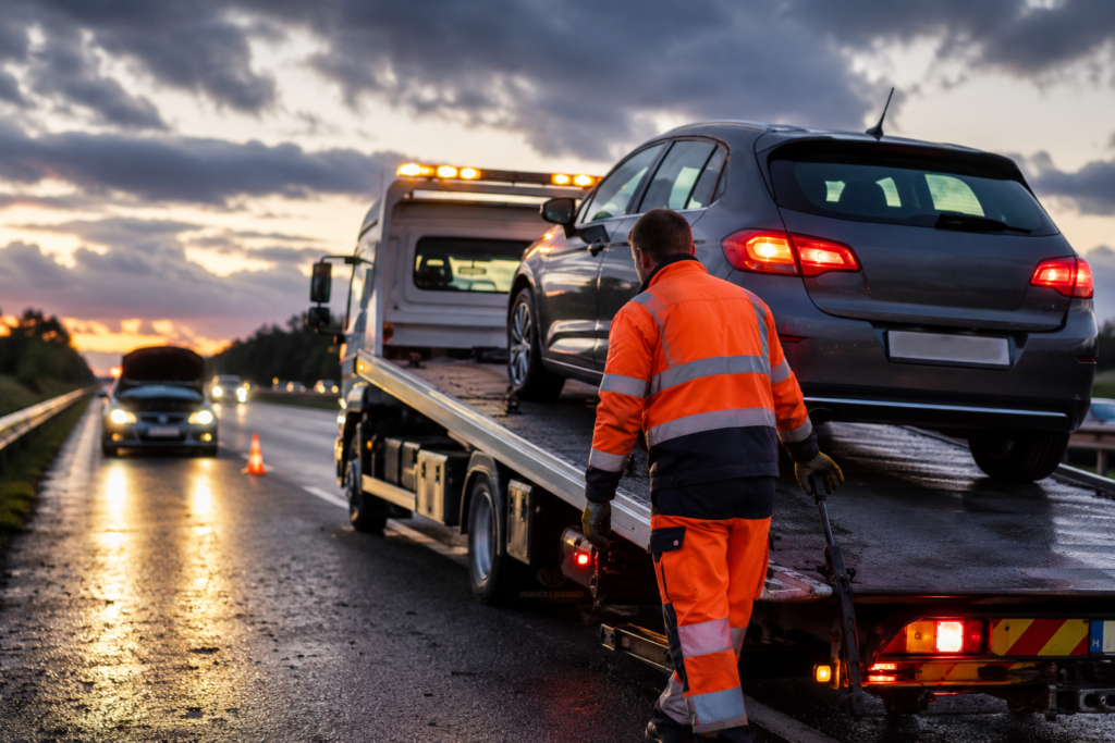 Tow truck recovery at twilight