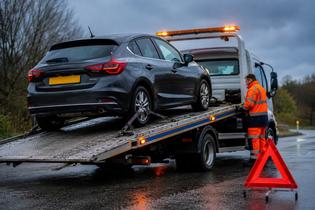 Tow truck recovery on rainy highway